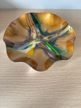 Artisan Reverse Painted Decorative Bowl in Amber and Green